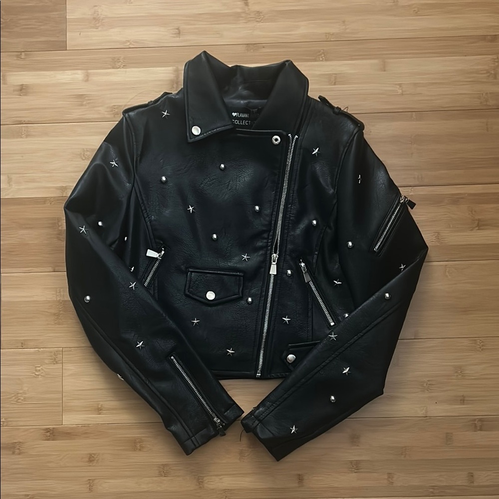 Flamant Rose Black Leather Moto Jacket with Star Studded Details
